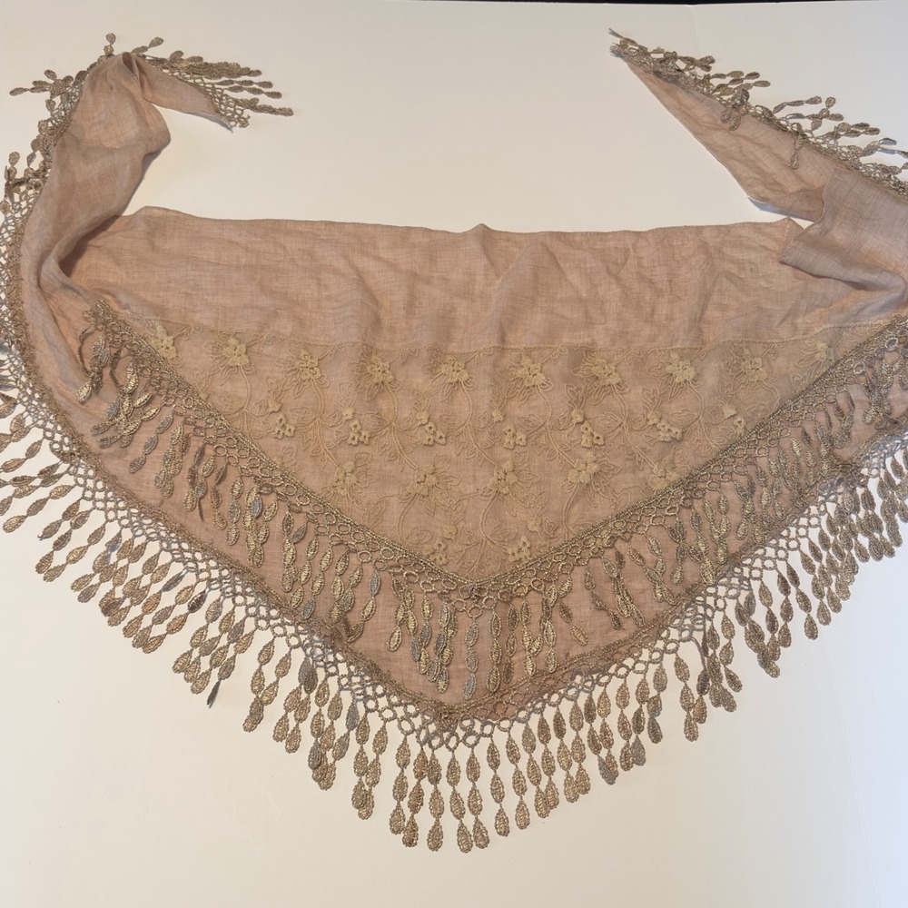 Miss Scarf QQ Triangle Wrap Taupe Lace Floral Fringe Boho Shawl OS Metallic Leaf